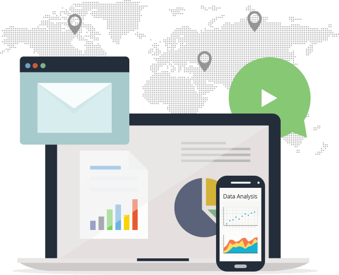Laptop and smartphone showing charts graphs and icons