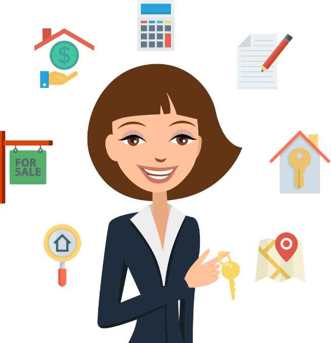 Businesswoman pointing at real estate icons