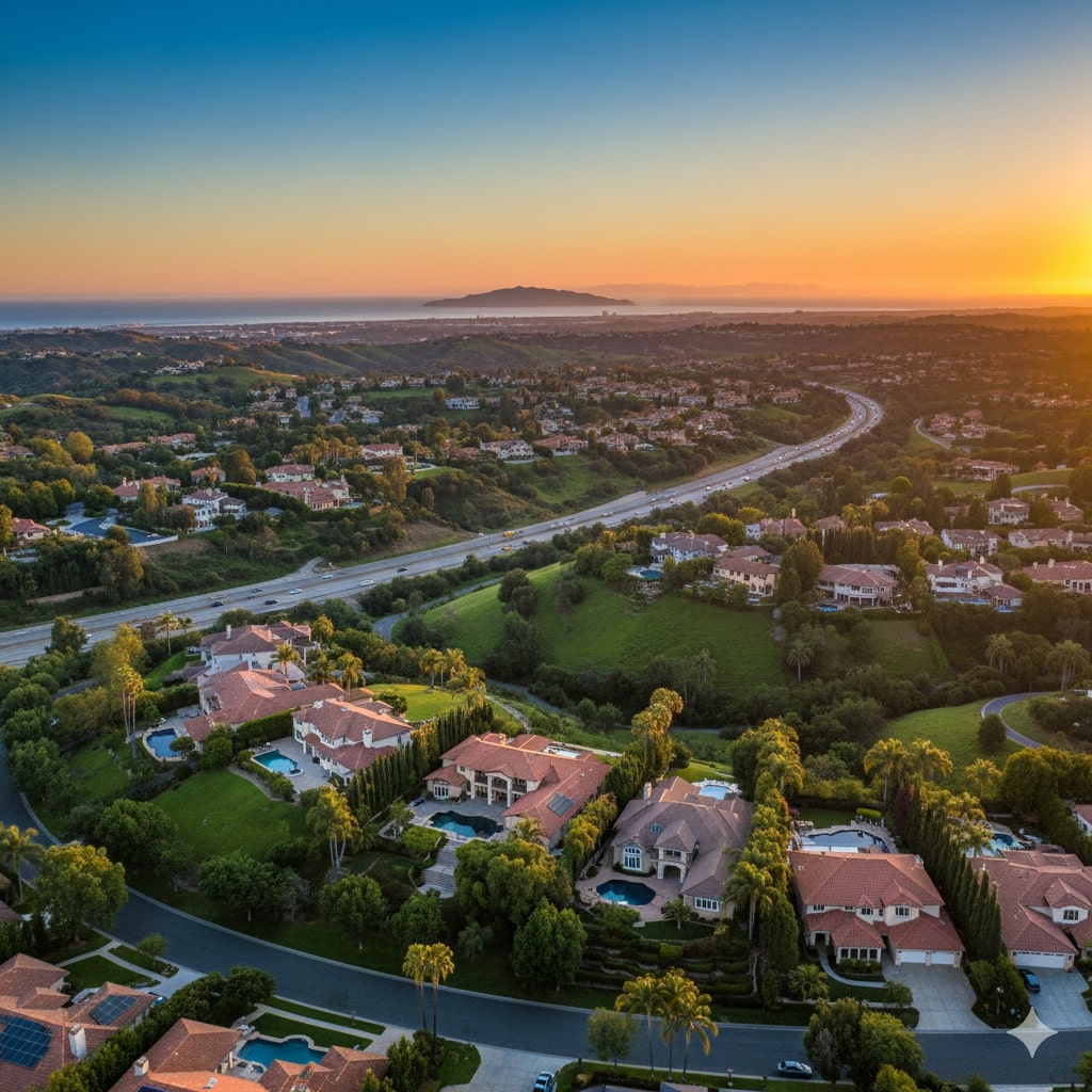 Aerial view of California real estate houses with red roofs and trees